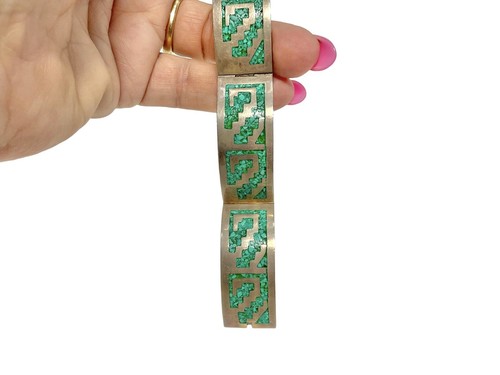 Vtg 925 Silver Turquoise Inlay Bracelet Signed CII TM Taxco 35g Southwestern - Picture 5 of 20