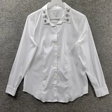 Charter Club Shirt Women's 6 White Embellished Long Sleeve Buttoned Top NWT