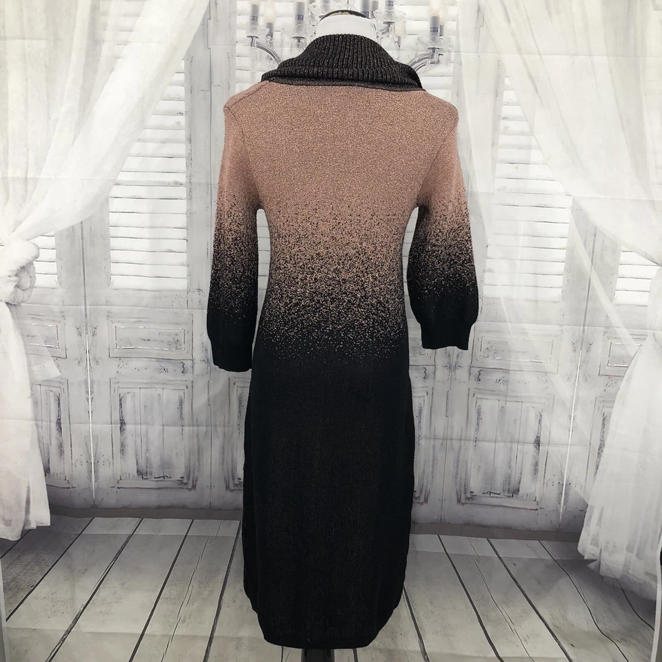 NY Collection Size Medium Black Copper Gold Sweater Dress Cowl Neck Knit Midi B6 - Image 2 of 4
