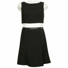 RALPH LAUREN Black Stretch Faux Leather Trim Popover Fit Flare Dress 10