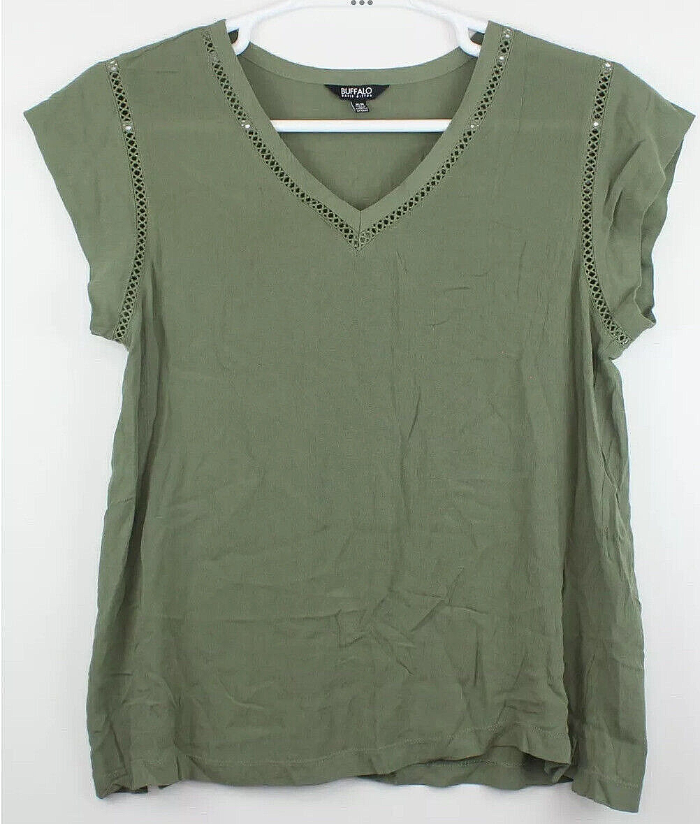 Buffalo David Bitton Women's Medium Green Short Sleeve V Neck Top New NWOT