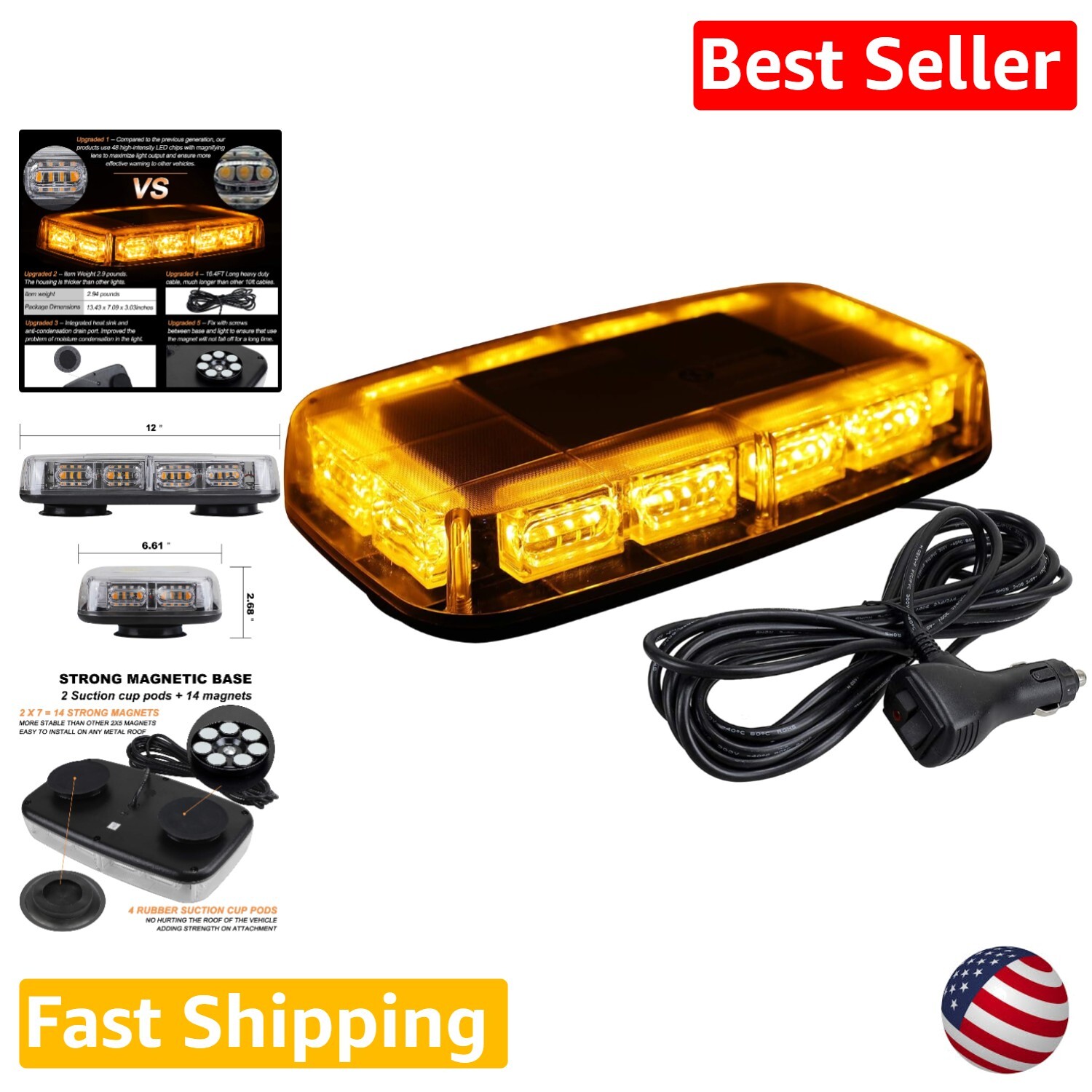 Durable Magnetic Base Strobe Light Bar with 16 Flash Patterns - Trucks Safety