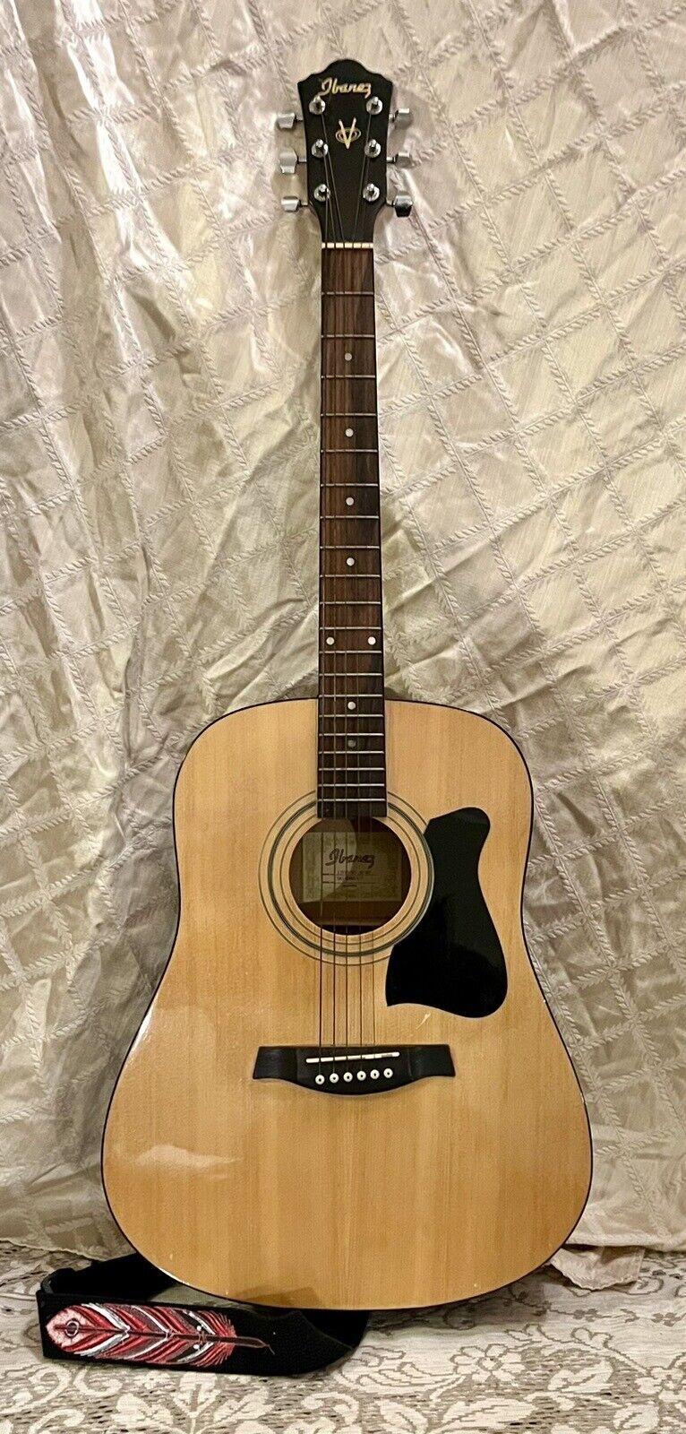 Beautiful Ibanez Acoustic Guitar w Feather Strap Classic 6 String Full Size