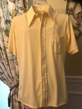Men's Vintage 70's Short Sleeve Disco Shirt Pale Yellow Polyester Large Darwin