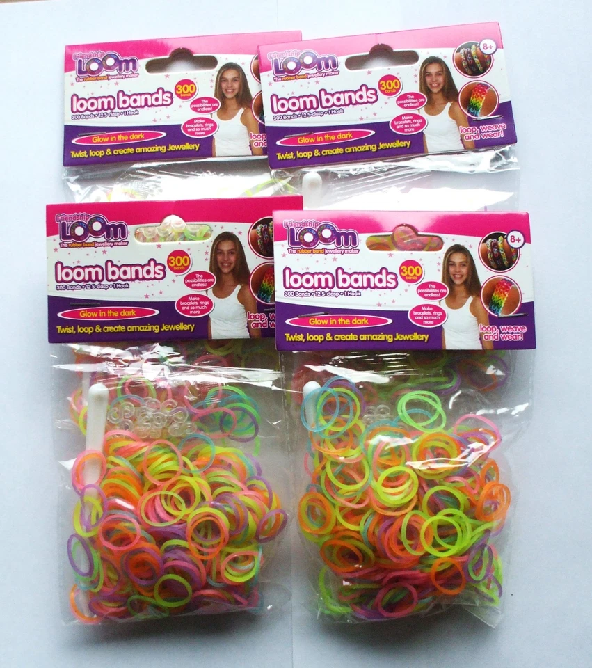 LOOM BANDS Bandas de telar brillan en la oscuridad 4 paquetes total de 1200 bandas 48 clips S y 4 herramientas