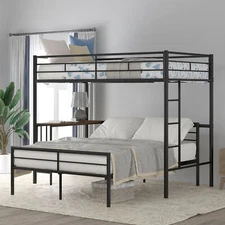 Modern Twin Over Full Size Metal Bunk Bed Frame with Desk Ladder Bedroom Black