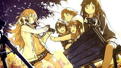 Anime manga cats camera long hair sepia bench loundraw Playmat Gaming Mat Desk