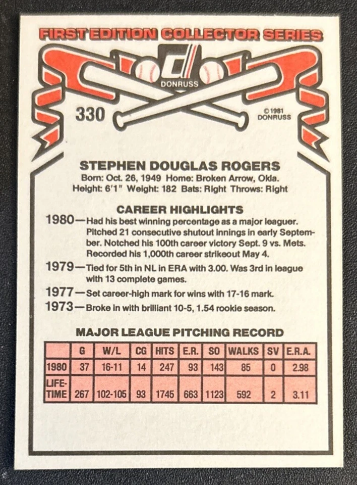 Tarjeta de béisbol Donruss Steve Rogers 1981 #330 Expos Pitcher en muy buen estado buen estado Foto 2 de 2
