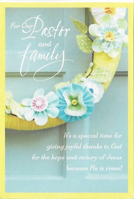 New Happy Easter Card 4.5x7 FOR OUR PASTOR AND FAMILY - Wreath w/Pastel Flowers