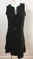 NEW MICHAEL KORS TIE KEY NECK SLEEVELESS RUFFLE BLACK SHIFT DRESS SIZE XS