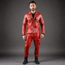 MEN'S SOFT RED LEATHER CATSUIT FRONT ZIPPER OVERALL JUMPSUIT CLASSIC STYLE SUIT