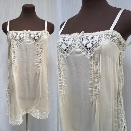 Antique 1920/30s Cream Silk Slip Teddy Lace Step In Lingerie Chemise - Size S
