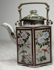 Chinese Square Porcelain Teapot Famille Rose Floral Bird Design Metal Handle