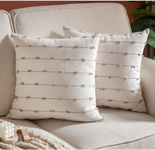 Boho Throw Pillow Covers 20X20 Inches Beige and Natural Linen, Set of 2 Modern F