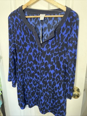 NWT Chicos Travelers Top M Sz 1 Cheetah Slinky India Ink Blue No Wrinkle $89