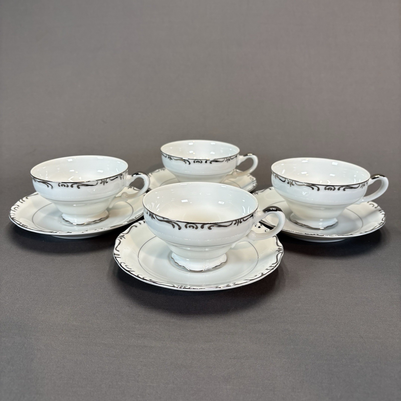 Empress China Regent Platinum Trim Scrolls Tea Coffee Cups and Saucers Set of 4