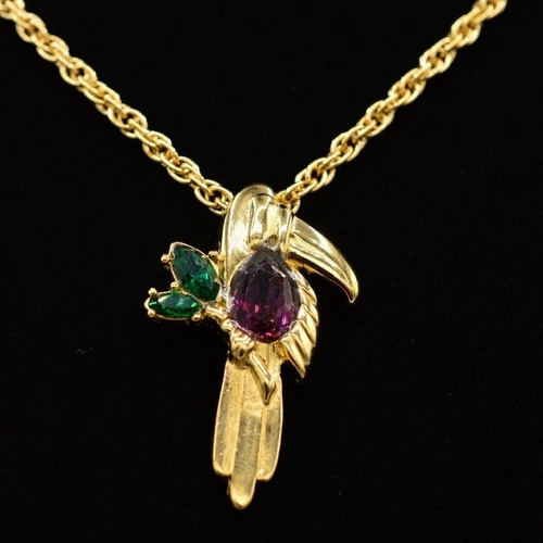 Givenchy Vintage Bird Pendant Necklace Crystal G Tone Signed NOS 1980s Bin3B