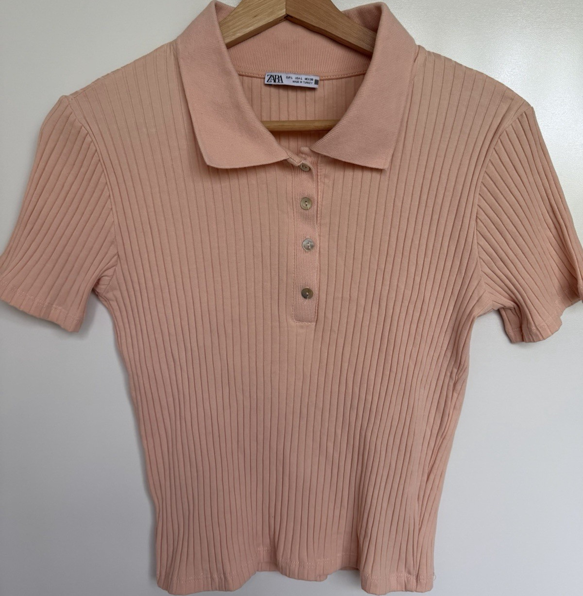 Zara Pink Ribbed Knit Collared Polo Short Sleeve Button Top Women’s L