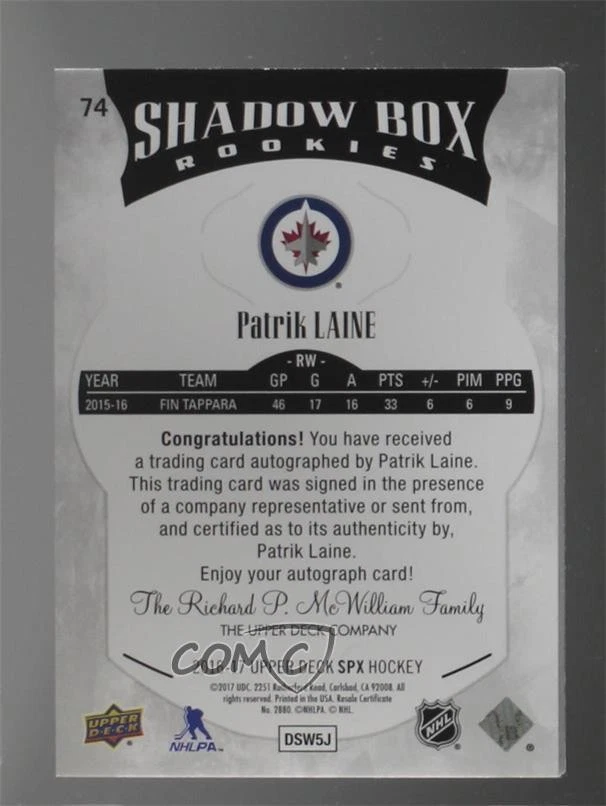 2016-17 SPx Shadow Box Rookies Blue Auto /199 Patrik Laine #74 Rookie Auto RC - Image 2 of 2