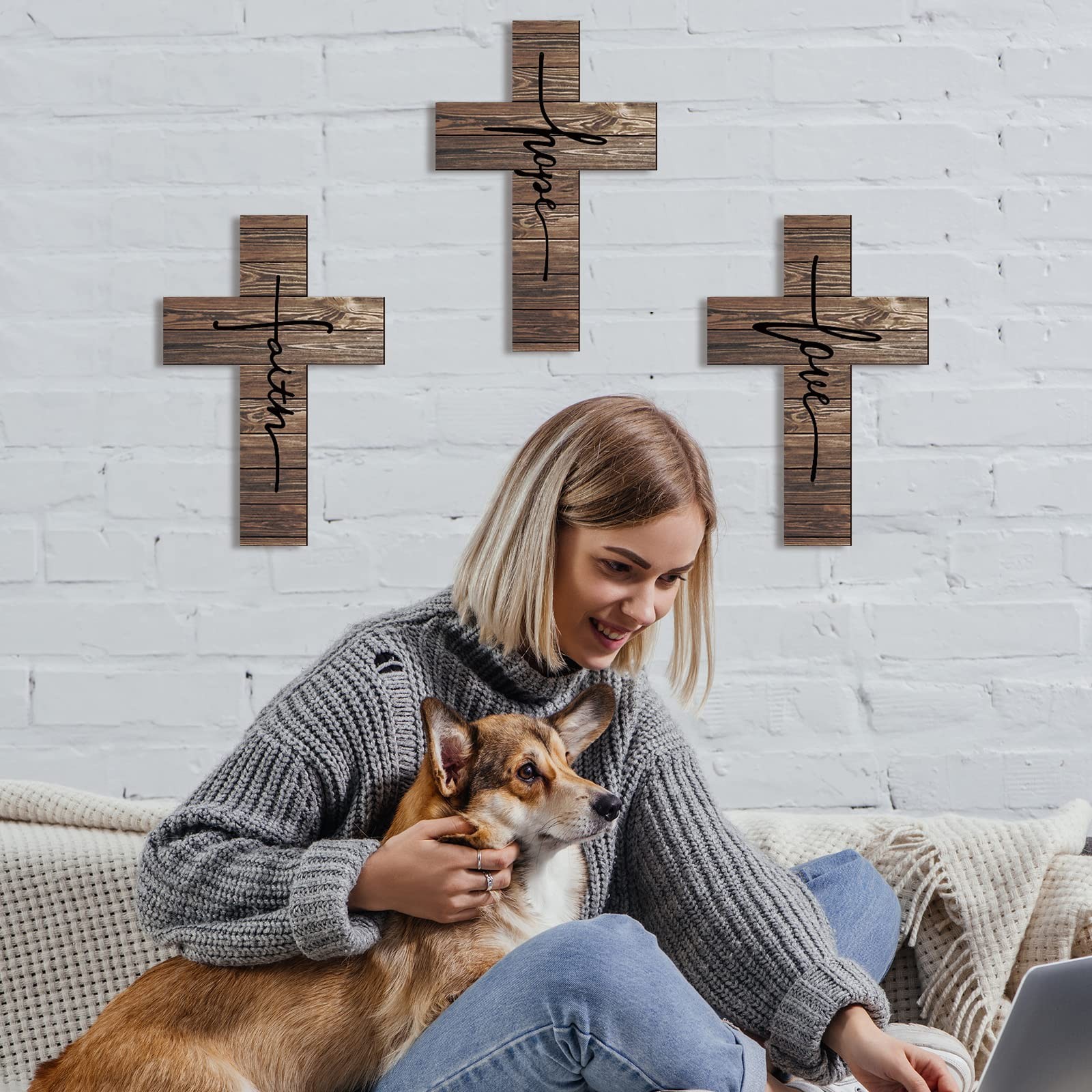Jetec 3 Pieces Faith Love Hope Cross Sign Wood Wall Hanging Rustic Decor