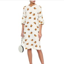 GANNI Mini Dress White Floral Print Short Ruffle Sleeve Shift size 4