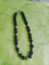 Carved Asian Black Cinnabar Bead Necklace, Silver Clasp/Spacers, 23.5" L, EUC
