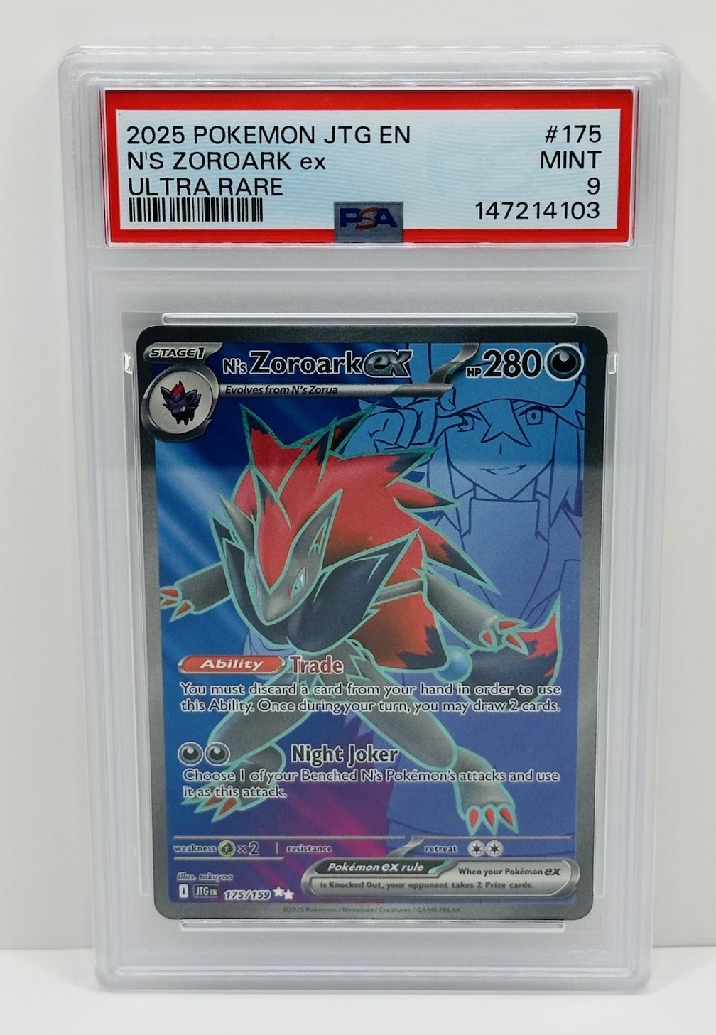 🔥2025 POKEMON JTG EN-JOURNEY TOGETHER ULTRA RARE #175 N'S ZOROARK EX PSA 9🔥