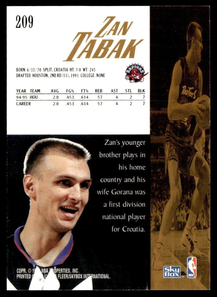 1995-96 SkyBox Premium Zan Tabak Orlando Magic #209 - Image 2 of 2