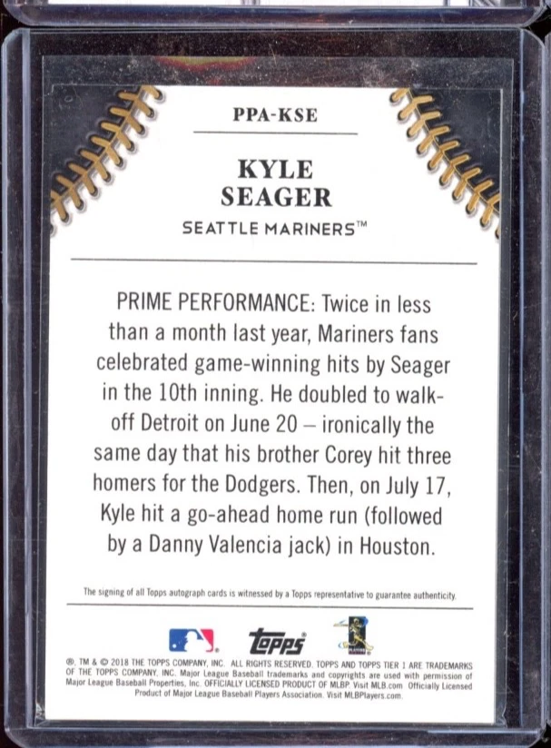 2018 TOPPS TIER ONE KYLE SEAGER SILVER INK AUTO 5/10 - Image 2 of 2