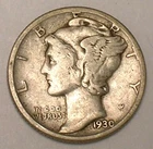 1930 Mercury Winged Head Dime 10 Cents Silver Coin F+