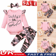 3Pcs Newborn Baby Girls Clothes Tops Romper Camo Pants Headband Outfits Set