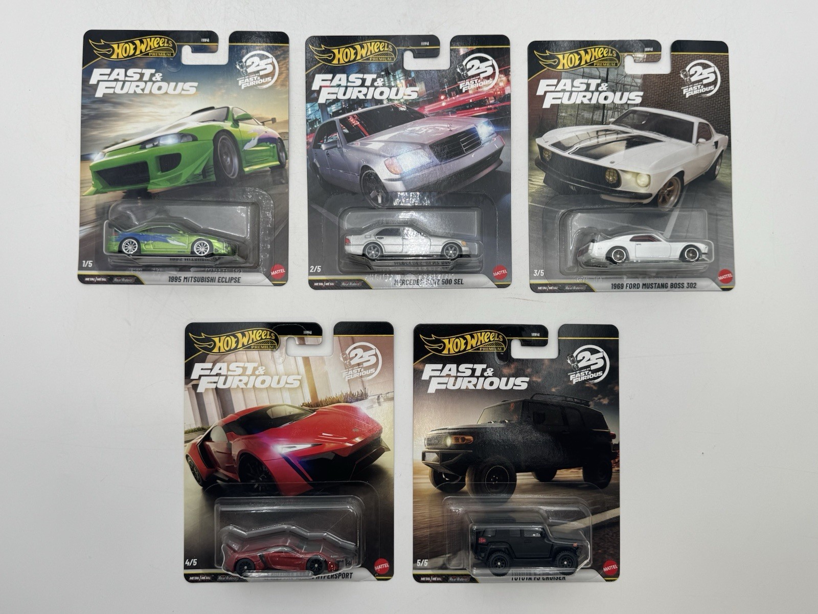 Hot Wheels Premium Fast & Furious 25 Years Complete Set of 5 Cars - 1:64 Diecast