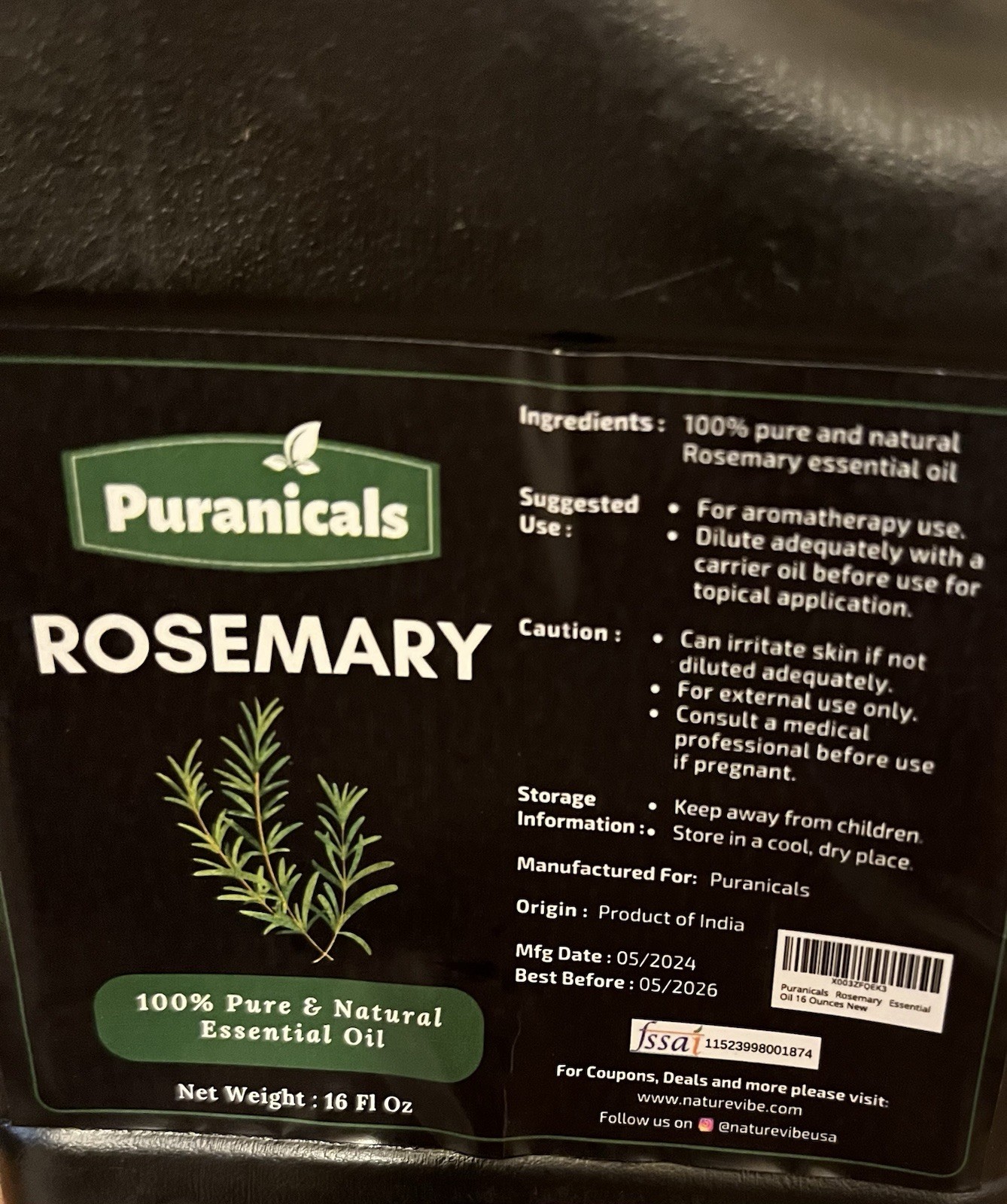 Rosemary Oil  100% Pure &Natural essential  Oil Great for Skin&Hair 16 fl oz