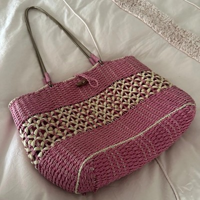 Vintage Pink Cotton Lined, Woven Straw Cane Rattan Shoulder Bag