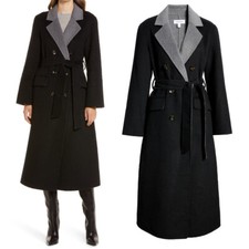 Nordstrom Belted Double Breasted Coat Size S Wool Blend Black Grey Heather New