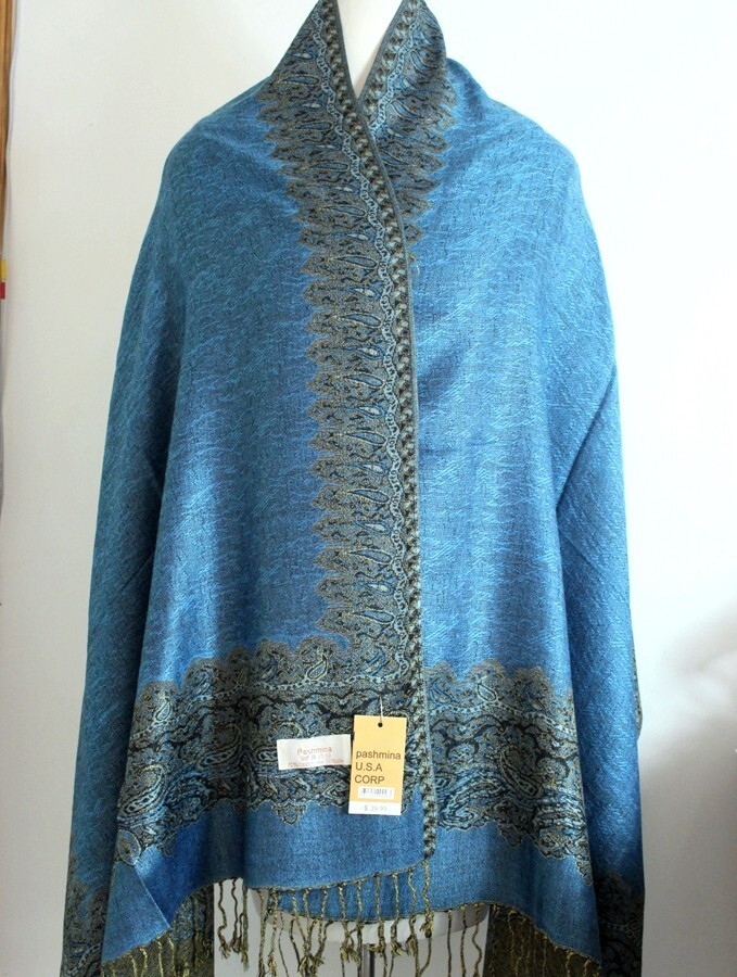 DG Women's Pashmina Scarf Shawl Paisley,Black Blue Silk.Cashmere.Soft #16