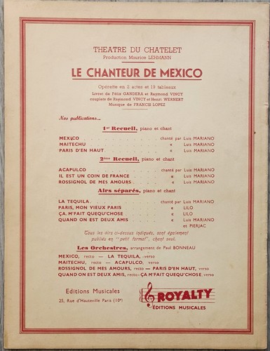 LE CHANTEUR DE MEXICO/FRANCIS LOPEZ/LUIS MARIANO/2 PARTITIONS ORIGIN./OPÉRETTE - Imagen 4 de 4