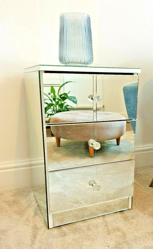 Mirrored Glass Bedside Table Cabinet 3 Drawer Chest Crystal Handles Handmade UK - Picture 4 of 12