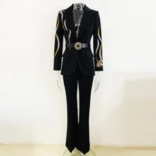 Occident Star Womens 2pcs Sets Rhinestone Suit Jacket Pants Flared Trousers Belt