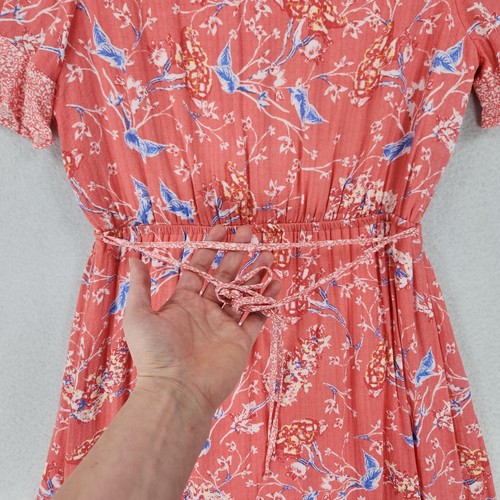 DR2 Daniel Rainn Dress Womens Medium Pink Blue Floral Faux Wrap Ruffle Tie Waist - 第 14/14 張圖片