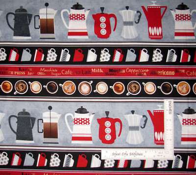 Coffee Pot Cup Stripe Kitchen Fabric By the Yard  Cotton Benartex Perfect Blend