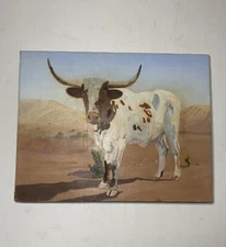 Naive Contemporary Folk Art Oil On Canvas Longhorn Cow Painting  14” By 18”