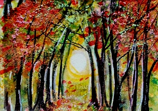 ACEO Original Painting TREE Autumn Landscape Sun FALL Leaves Nature ATC ART