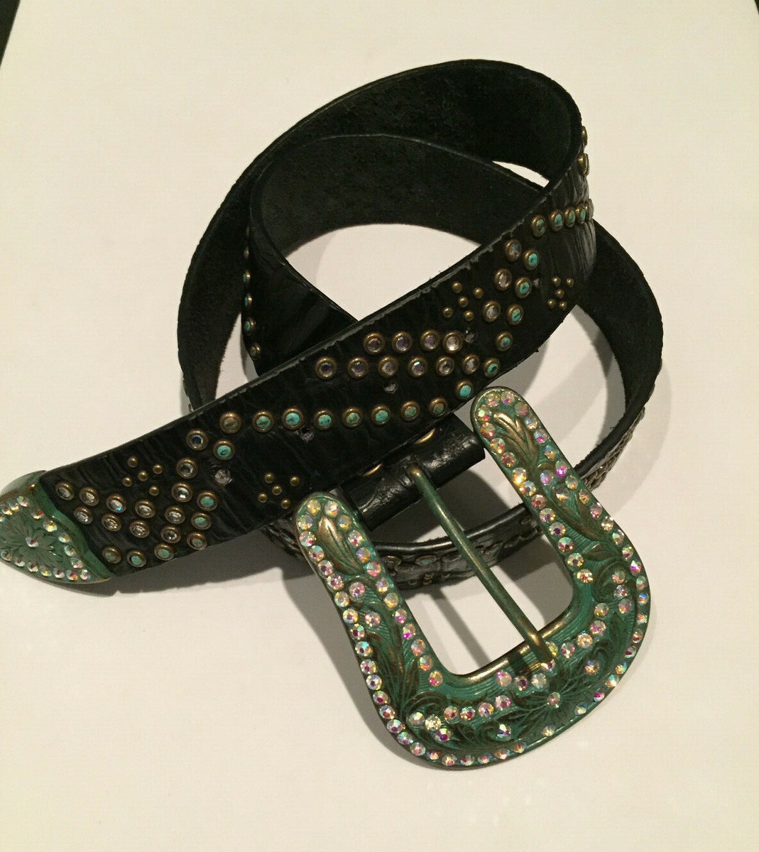 Women’s Faux Turquoise Western Stud Belt Black Leather Size XS Rhinestone Buckle BHW Blue Belts for Women for sale | eBay main image 4