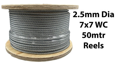 Verzinktes Stahldrahtseil Seil 2,5 mm Durchmesser 7x7 Drahtkern - 50 mtr Rolle