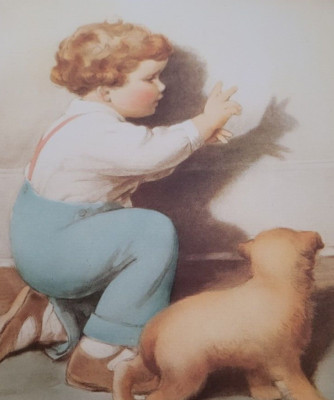 1985 Print OH-OH! A BUNNY by Bessie Pease Gutmann Christopher Boy & Honey Dog