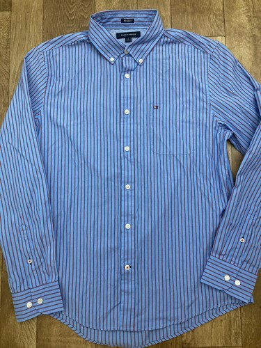 Camisa Tommy Hilfiger para Hombre Azul Rojo a Rayas Años 80 Dos Capa Botones Mediana - Imagen 9 de 12