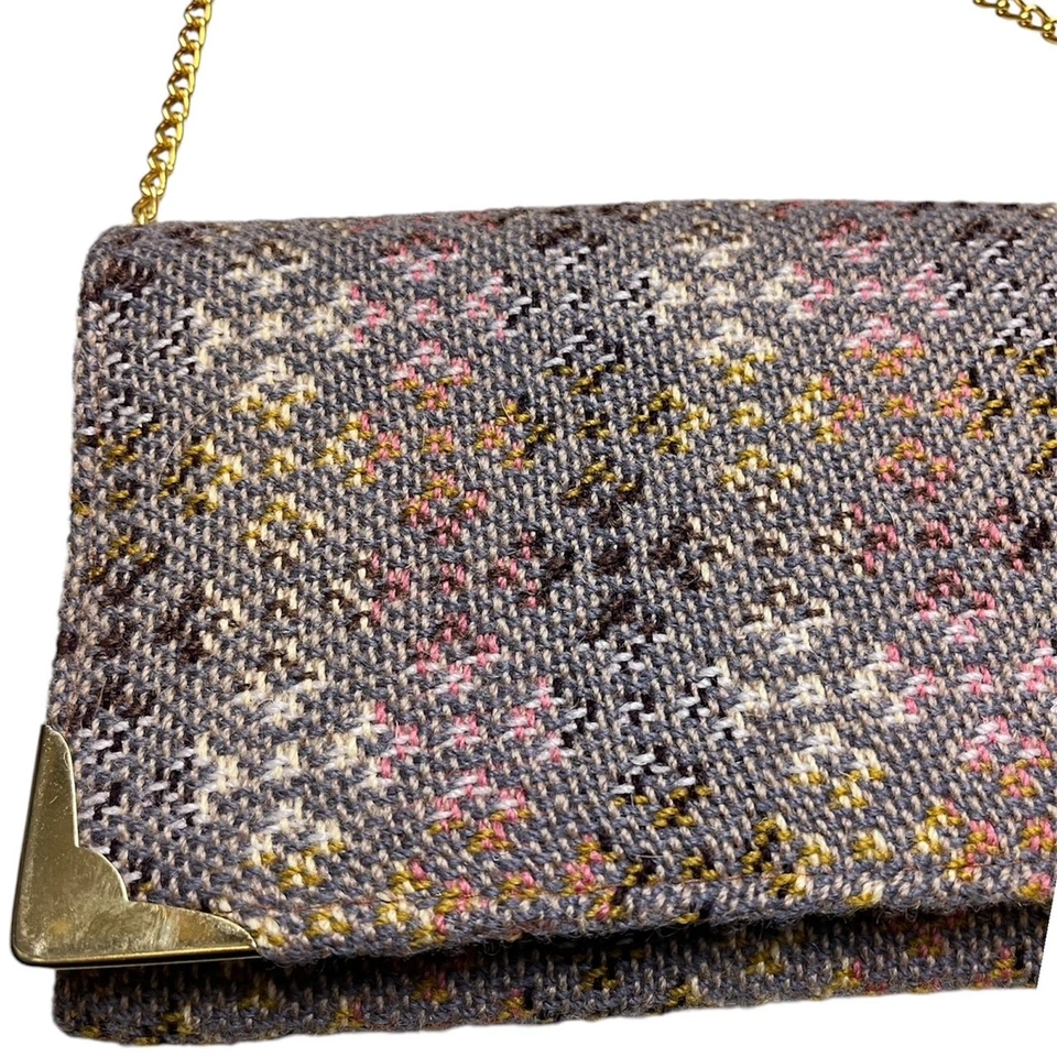 Vintage 60's Frizione Borsa Gallese Lana Tessuta Marrone Catena Cinturino Con - Immagine 2 di 4