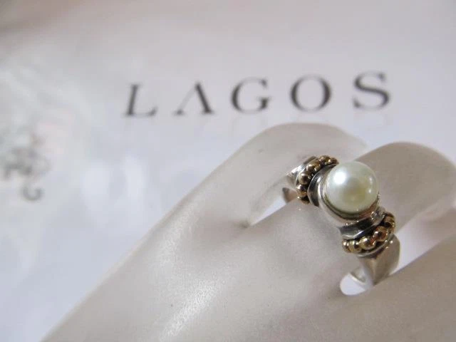 Anillo vintage de perlas de caviar de Lagos de plata de ley de oro amarillo de 18 quilates con cuentas 7 Foto 2 de 4