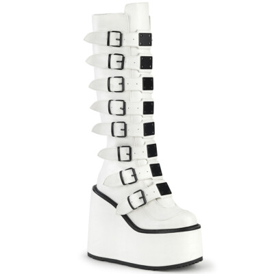 DEMONIA SWING-815 Wedge Platform Goth Buckle Strap White Women